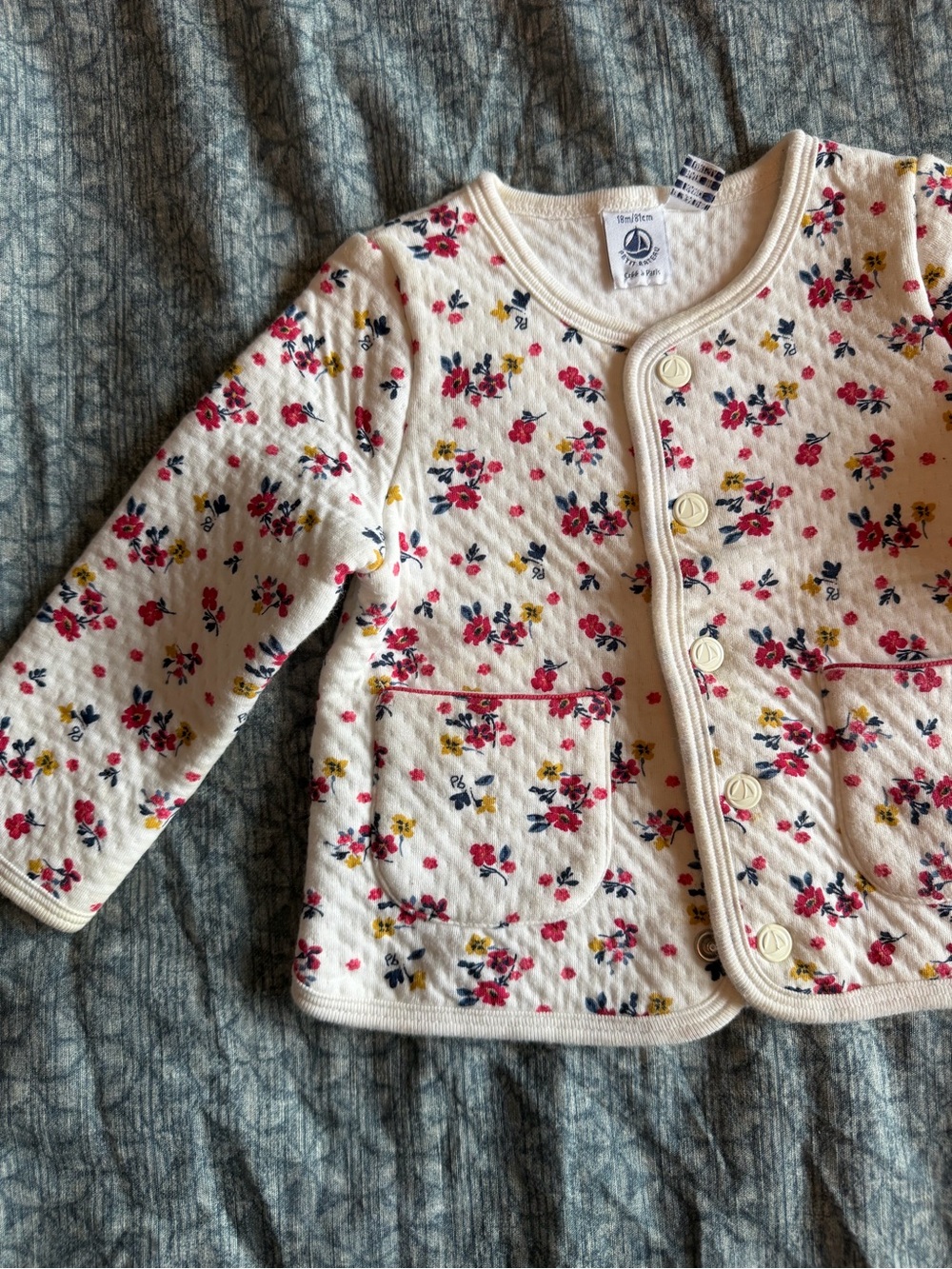 Petit Bateau Cream Quilted Floral Cardigan with Pink & Yellow Flowers